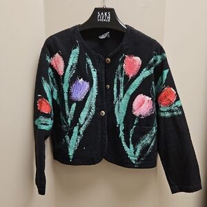 Floral Black Jacket with Colorful Tulips